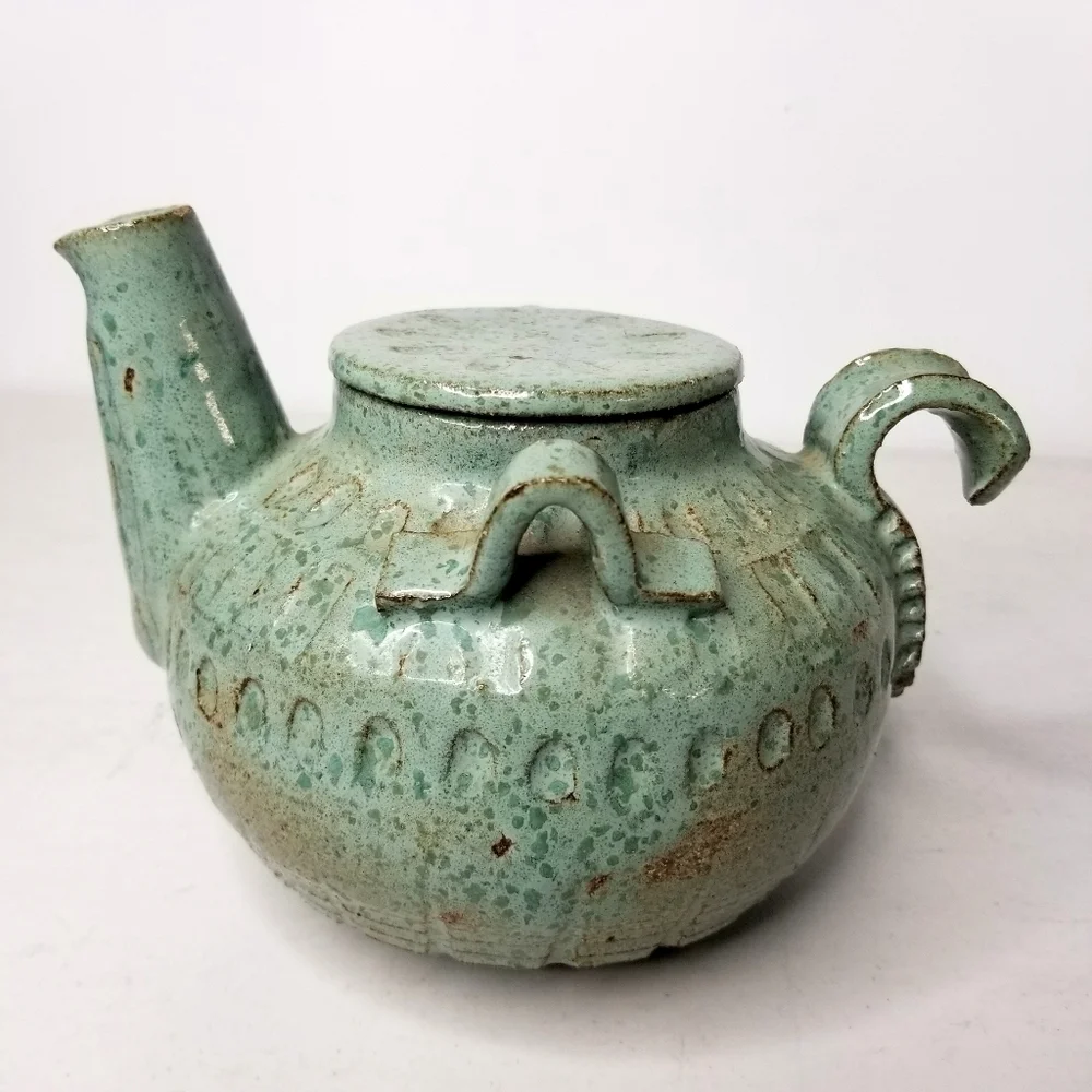 Rare Unique Vintage Art Pottery Green TeaPot , Artist Signed 12/25/75